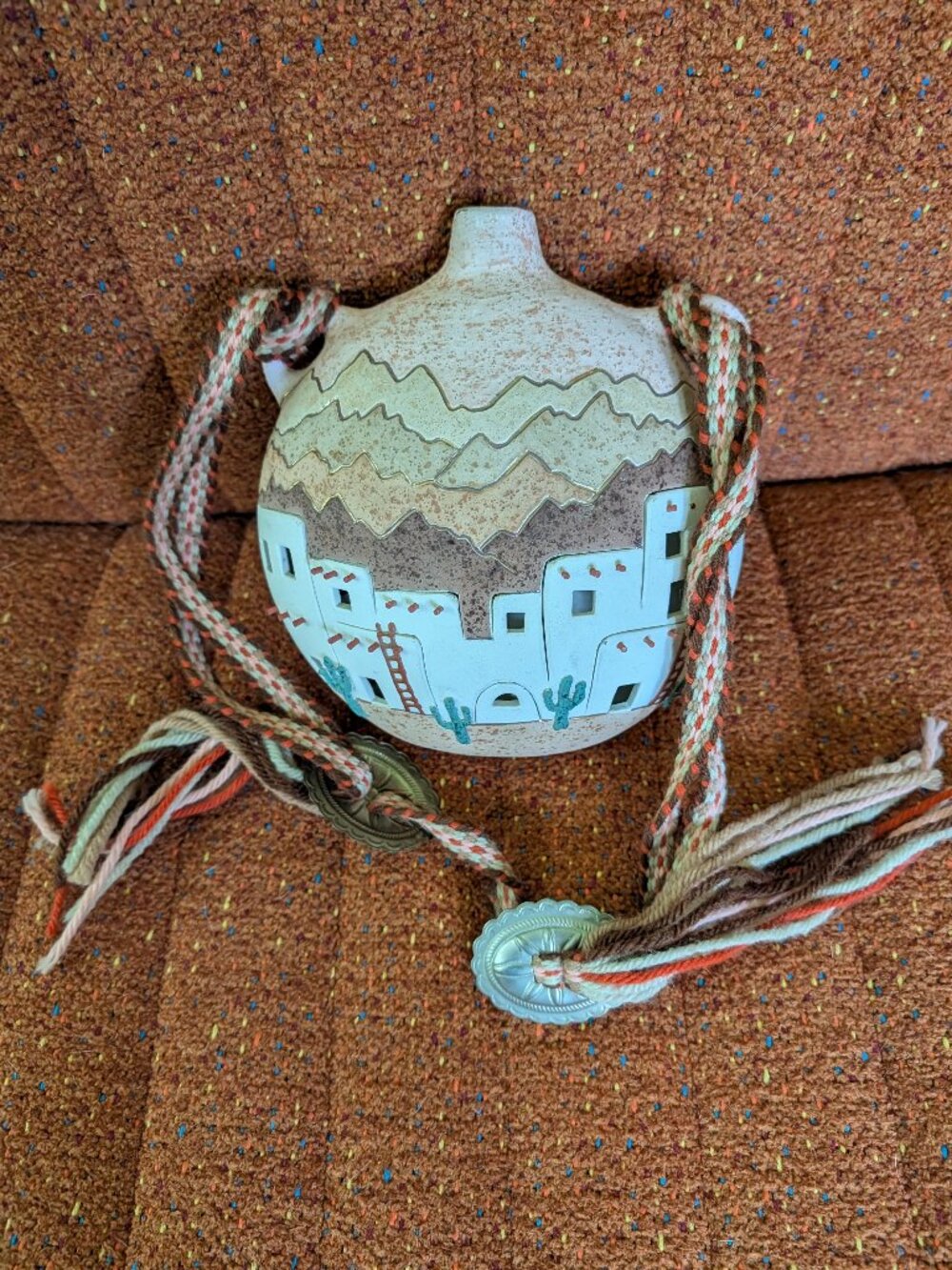 Southwestern Native American Pottery Canteen with Village